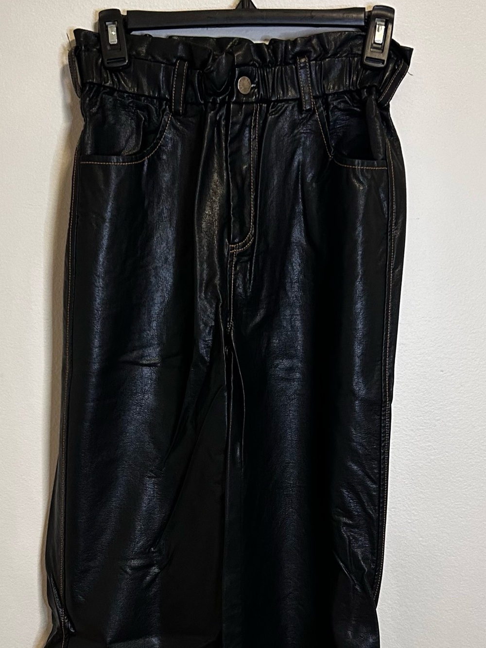 emory park Black Faux Leather Wide-Leg Paperbag Waist Pants
